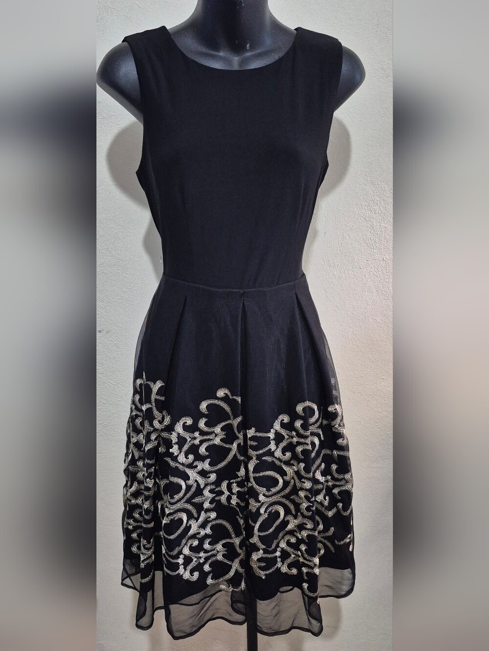 R&K Black Sleeveless A-Line Dress with Silver Scroll Embroidery
